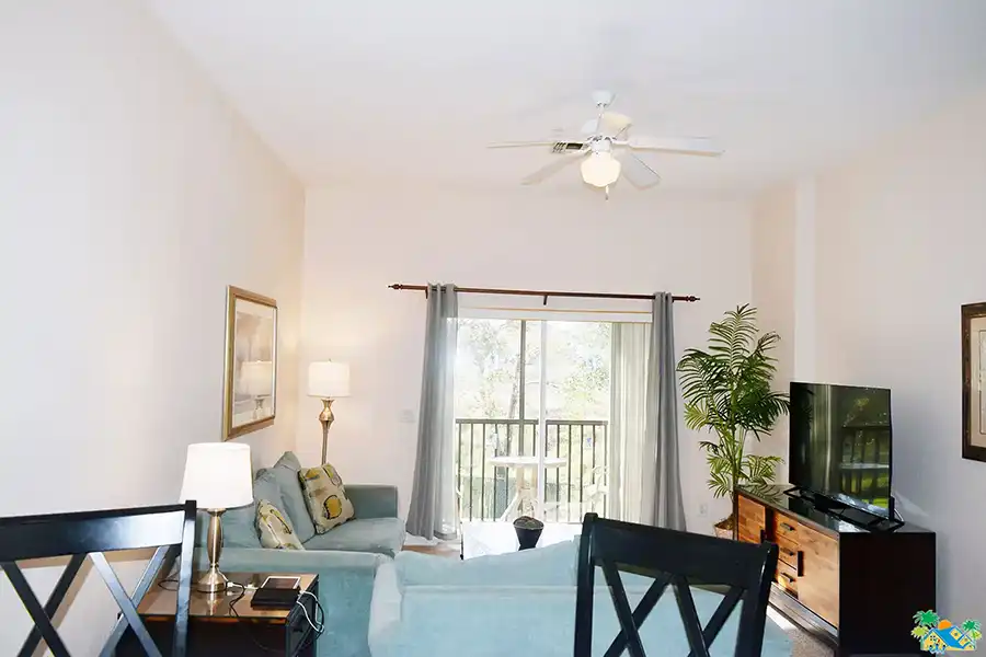 View from the kitchen towards the living room balcony doors