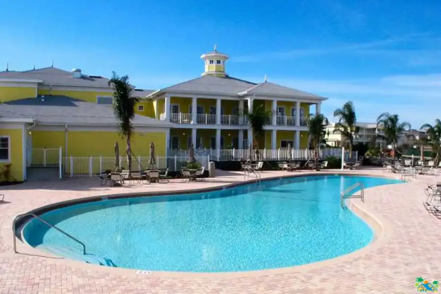 View across the clubhouse pool towards the clubhouse building
