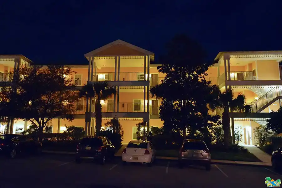 View of the building 9 after dark from the parking lot
